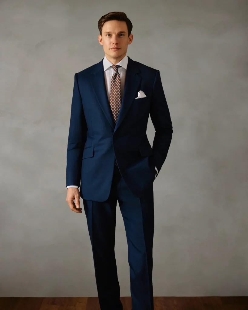 Homem a usar um fato azul marinho, uma gravata castanha às pintas, uma camisa branca e um lenço de bolso branco, da marca Hunstman.