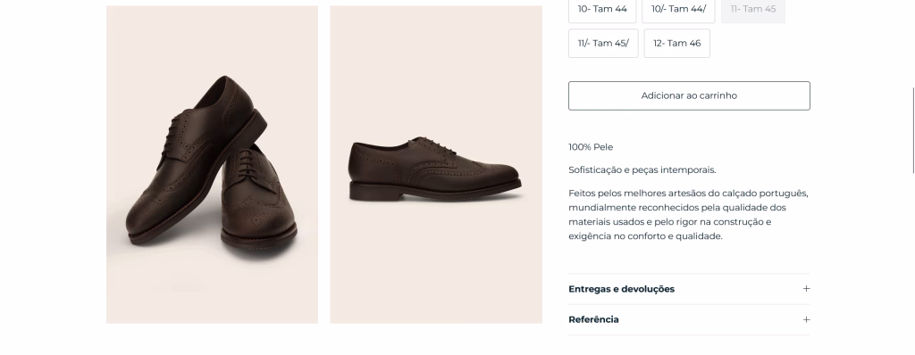 Screenshot da página no website da Labrador de sapatos.